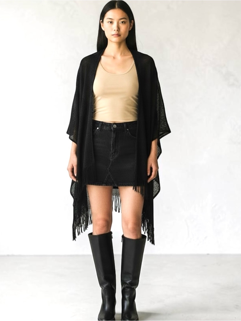 Cezanne Glitter Fringe Oblong Evening Wrap Black OS Sheer Knit Fringe Kimono